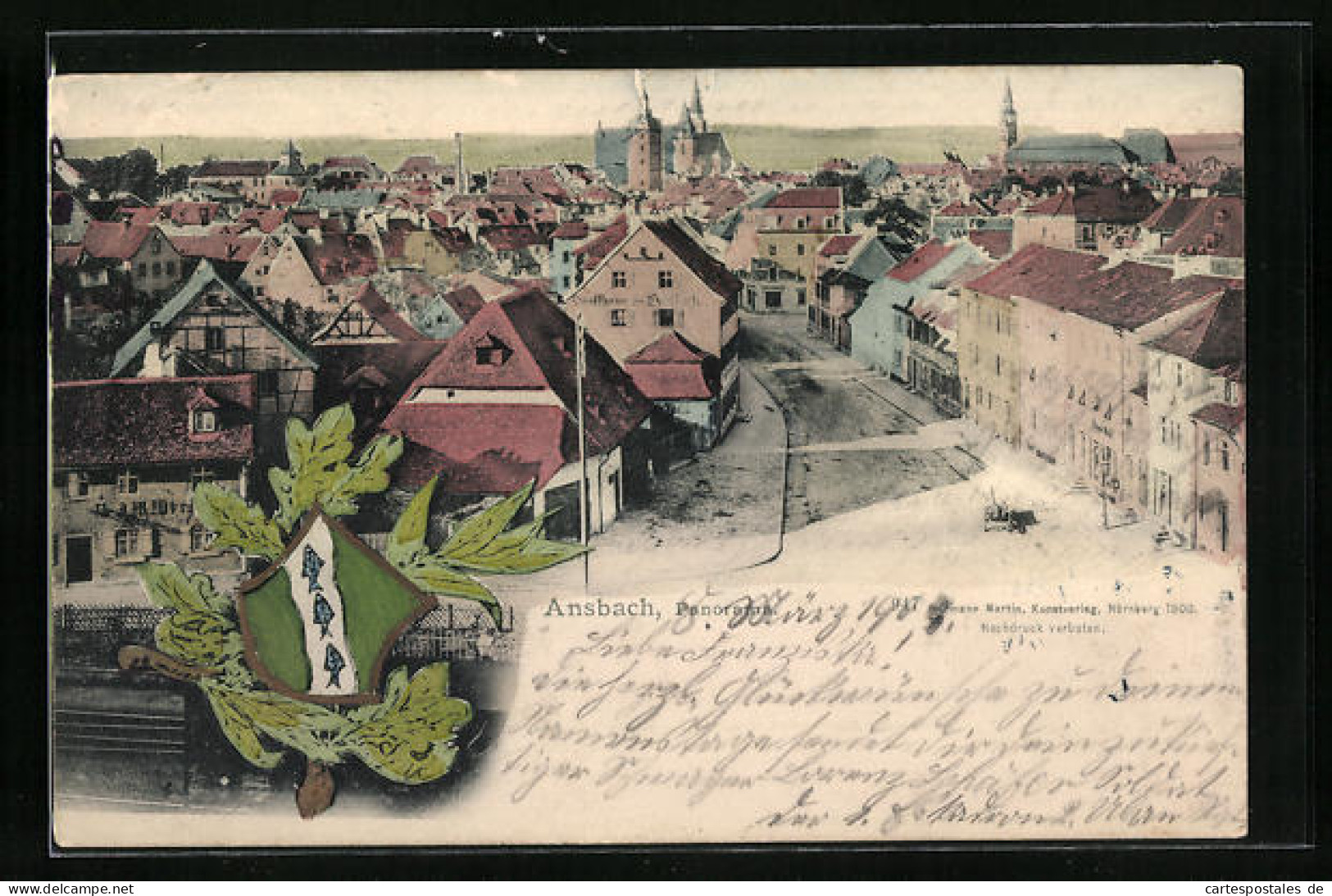 AK Ansbach, Panorama Mit Gasthaus Und Strassenpartie, Wappen  - Ansbach