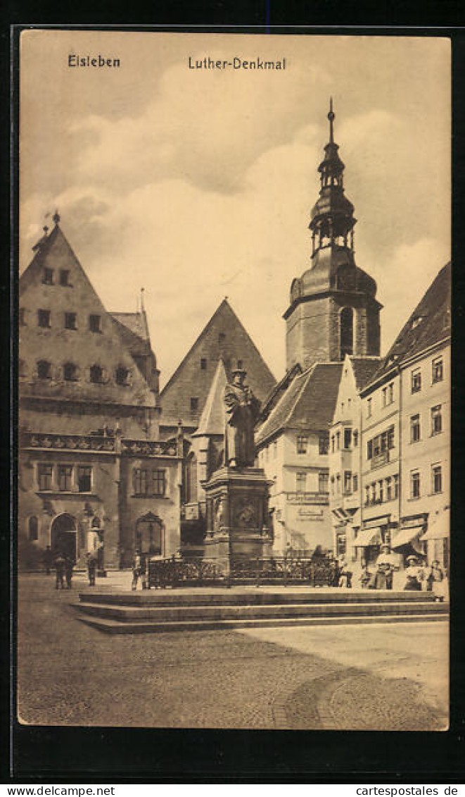 AK Eisleben, Luther-Denkmal Mit Lederhandlung  - Lutherstadt Eisleben