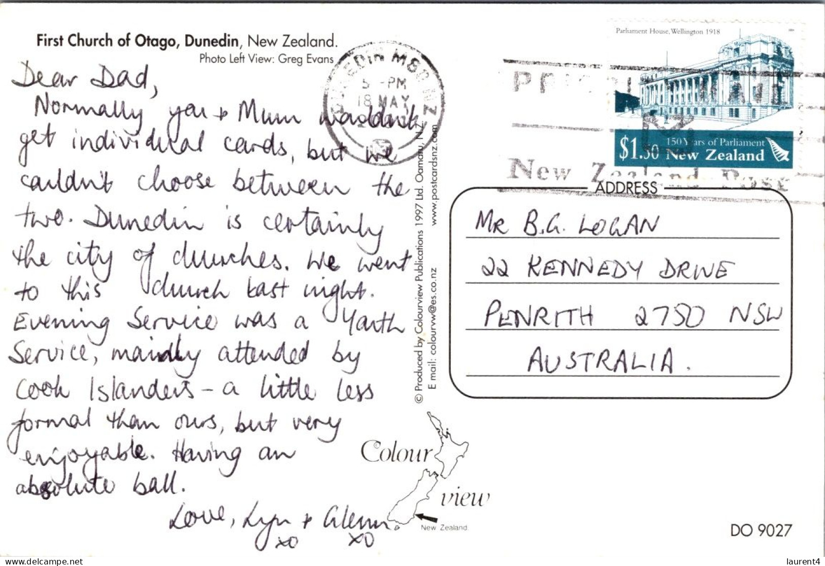 19-5-2024 (5 Z 35) New Zealand - Dunedin Cathedral (posted To Australia With House Of Parliament Stamp) - Neuseeland
