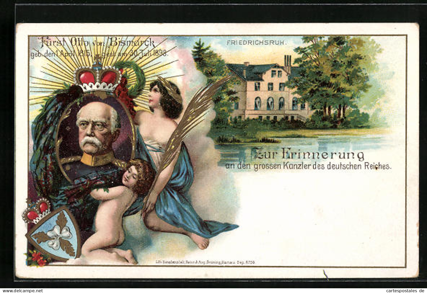 Lithographie Zur Erinnerung An Fürst Otto Von Bismarck Mit Friedrichsruh  - Historische Persönlichkeiten