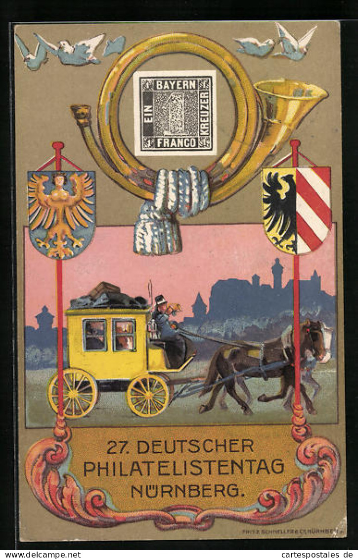 Künstler-AK Nürnberg, 27. Deutscher Philatelisten-Tag 22.-25.07.1921, Postkutsche Und Briefmarke, Ganzsache  - Stamps (pictures)