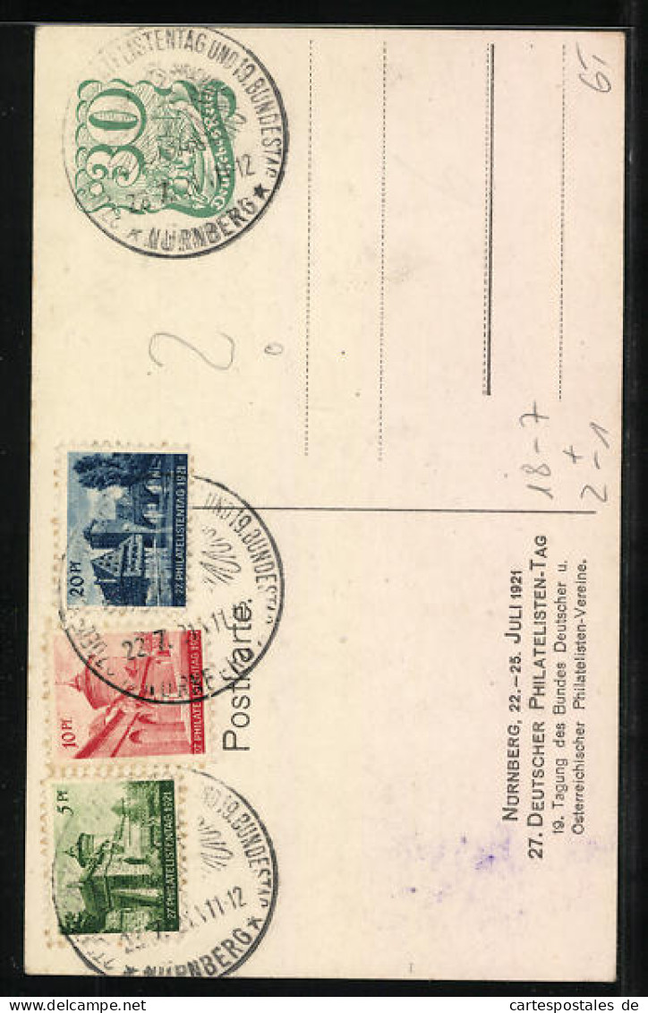 Künstler-AK Nürnberg, 27. Deutscher Philatelisten-Tag 22.-25.07.1921, Postkutsche Und Briefmarke, Ganzsache  - Timbres (représentations)