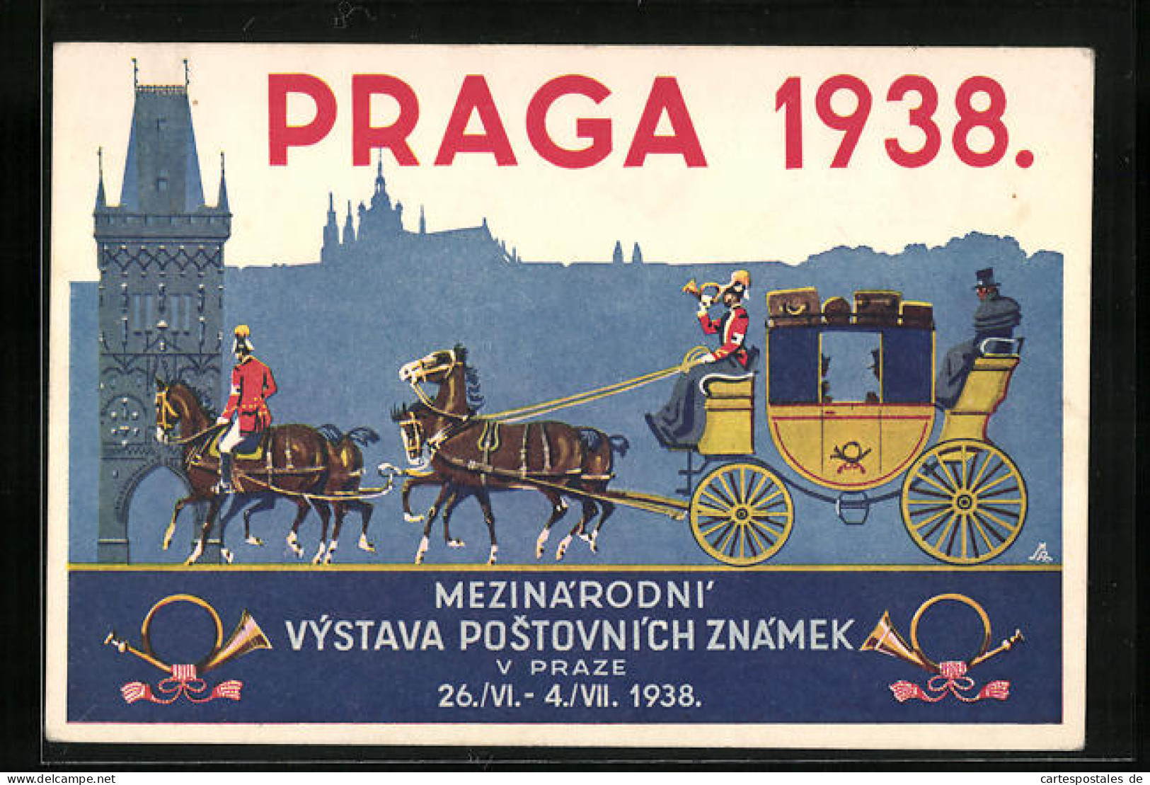 AK Prag, Mezinarodni Vystava Postovnich Znamek 1938, Postkutsche  - Briefmarken (Abbildungen)