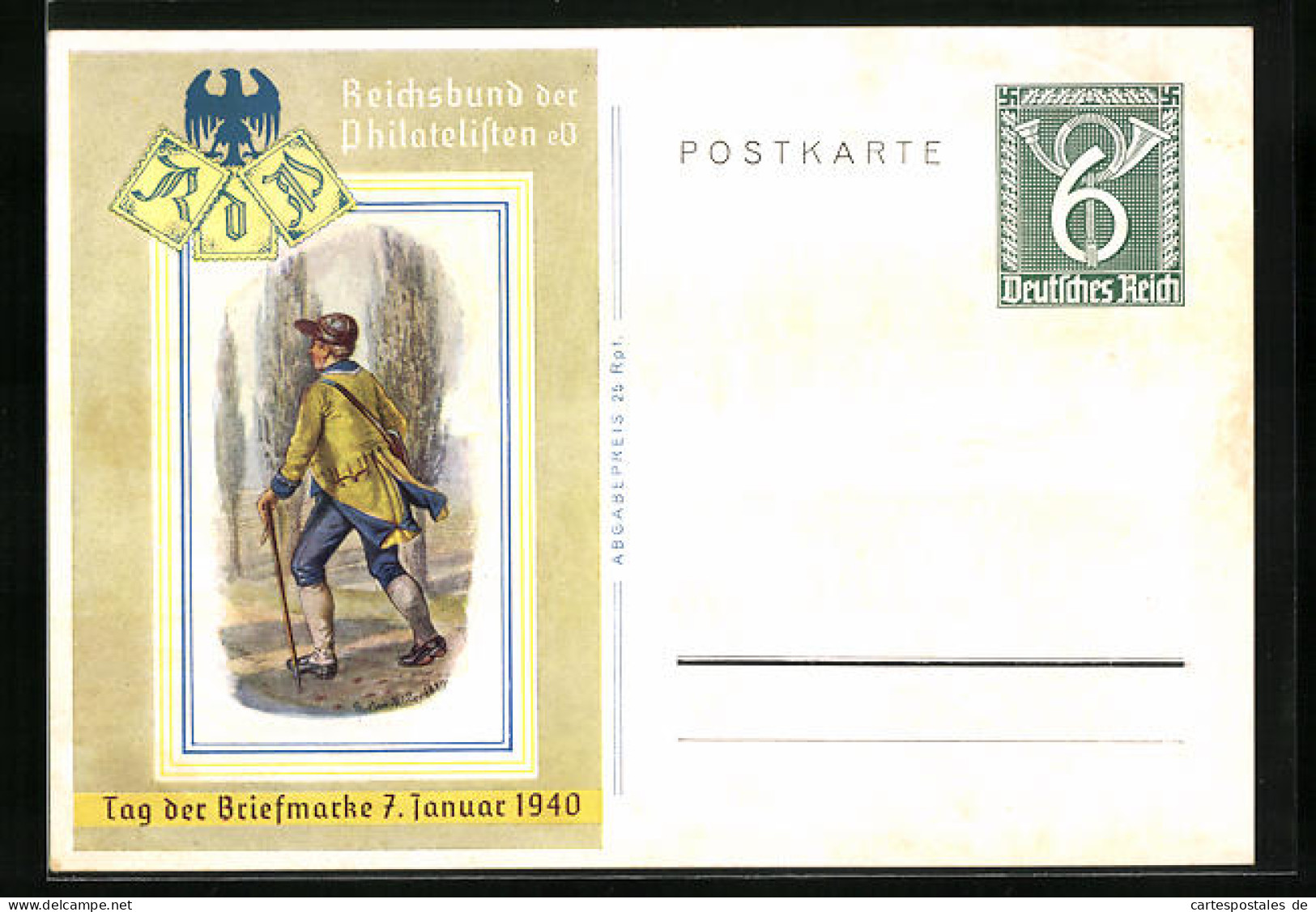 Künstler-AK Reichsbund Der Philatelisten, Tag Der Briefmarke 7.1.1940, Briefträger, Ganzsache  - Timbres (représentations)