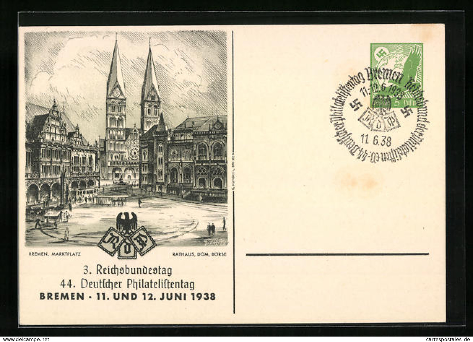 Künstler-AK Bremen, 44. Deutscher Philatelistentag 11.-12.06.1938, Rathaus Mit Dom Und Börse, Ganzsache  - Timbres (représentations)