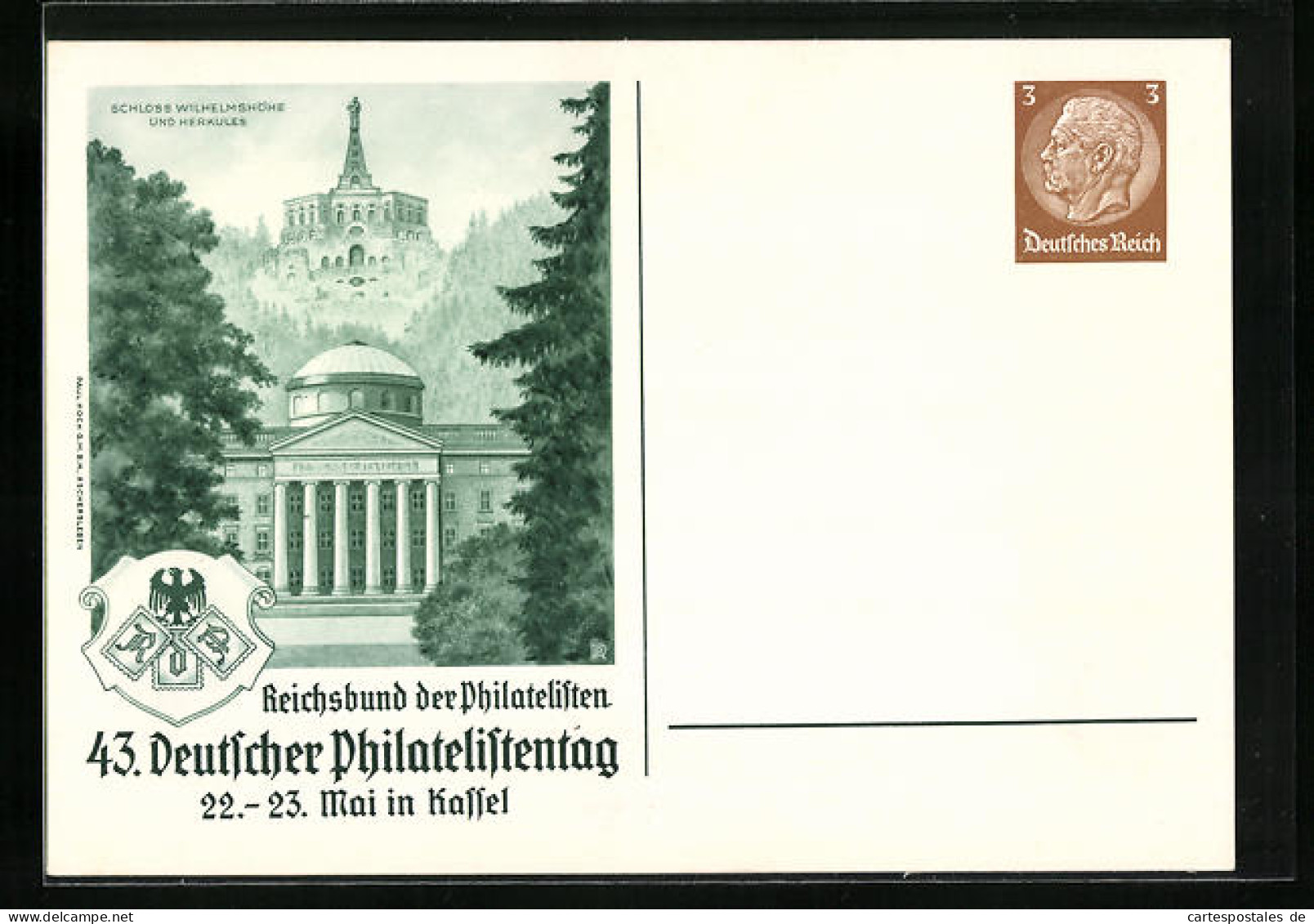 AK Kassel, Reichsbund Der Philatelisten, 43. Deutscher Philatelistentag 1937, Schloss Wilhelmshöhe, Ganzsache  - Timbres (représentations)