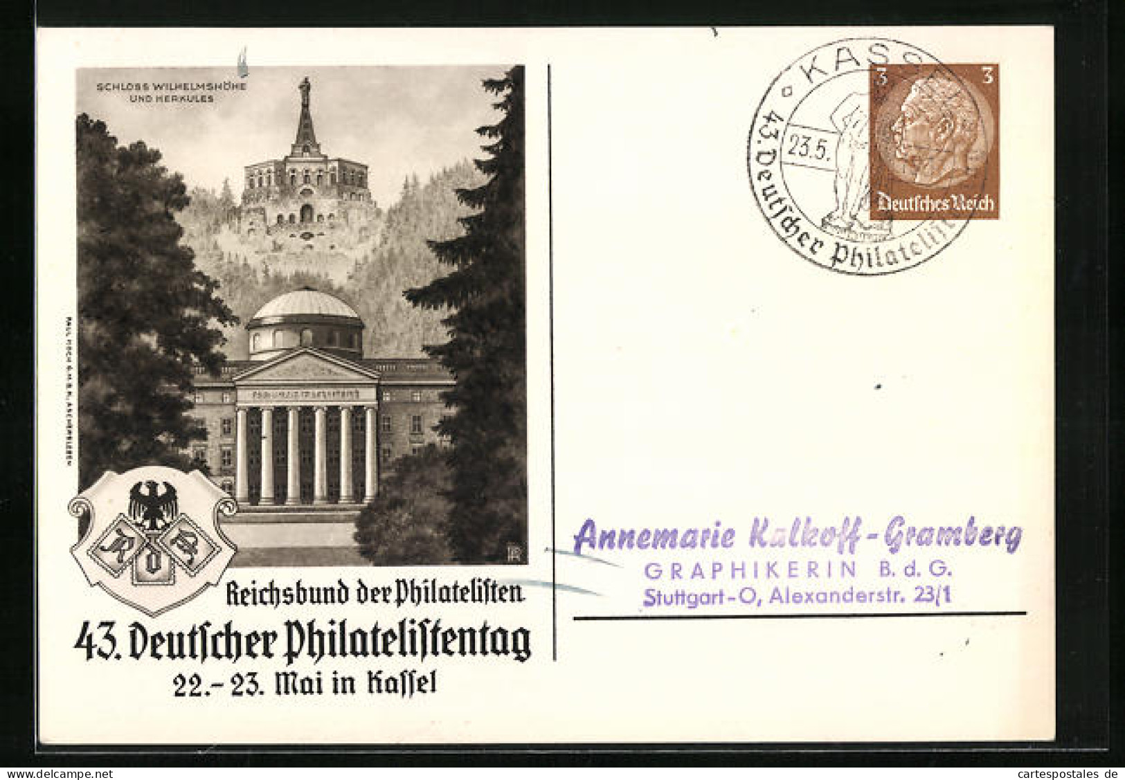 AK Kassel, Reichsbund Der Philatelisten, 43. Deutscher Philatelistentag 1937, Wilhelmshöhe Und Herkules, Ganzsache  - Briefmarken (Abbildungen)