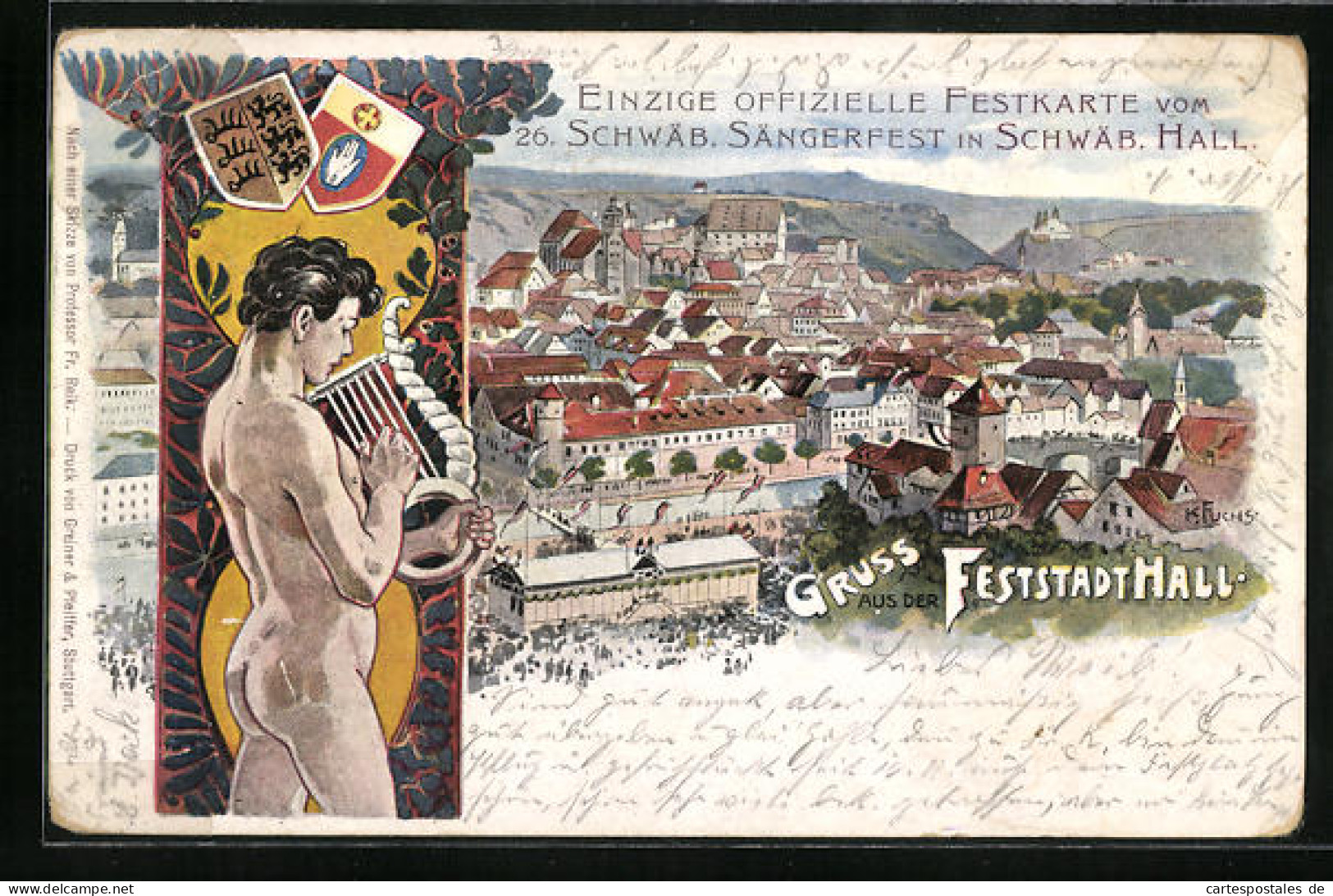 Künstler-AK Schwäbisches Sängerfest 1901 In Schwäb. Hall - Figur Mit Lyra, Ortsansicht, Wappen, Ganzsache Württem  - Postcards