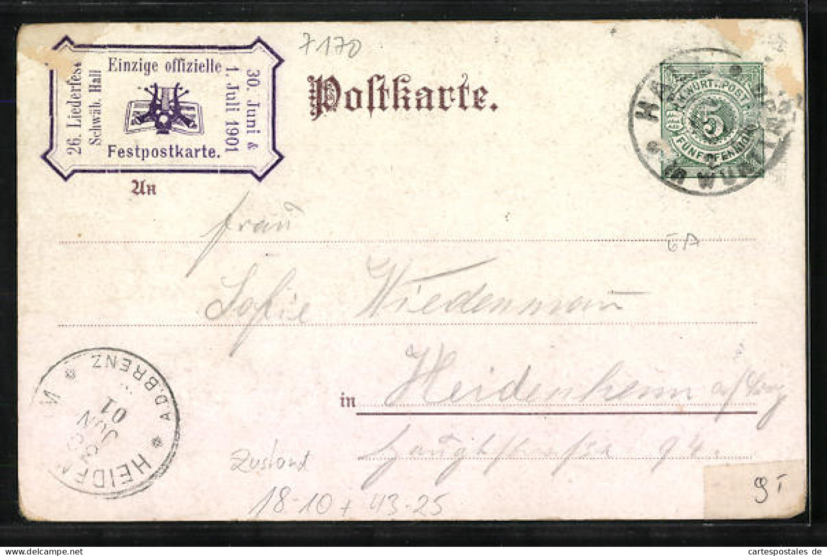 Künstler-AK Schwäbisches Sängerfest 1901 In Schwäb. Hall - Figur Mit Lyra, Ortsansicht, Wappen, Ganzsache Württem  - Cartes Postales