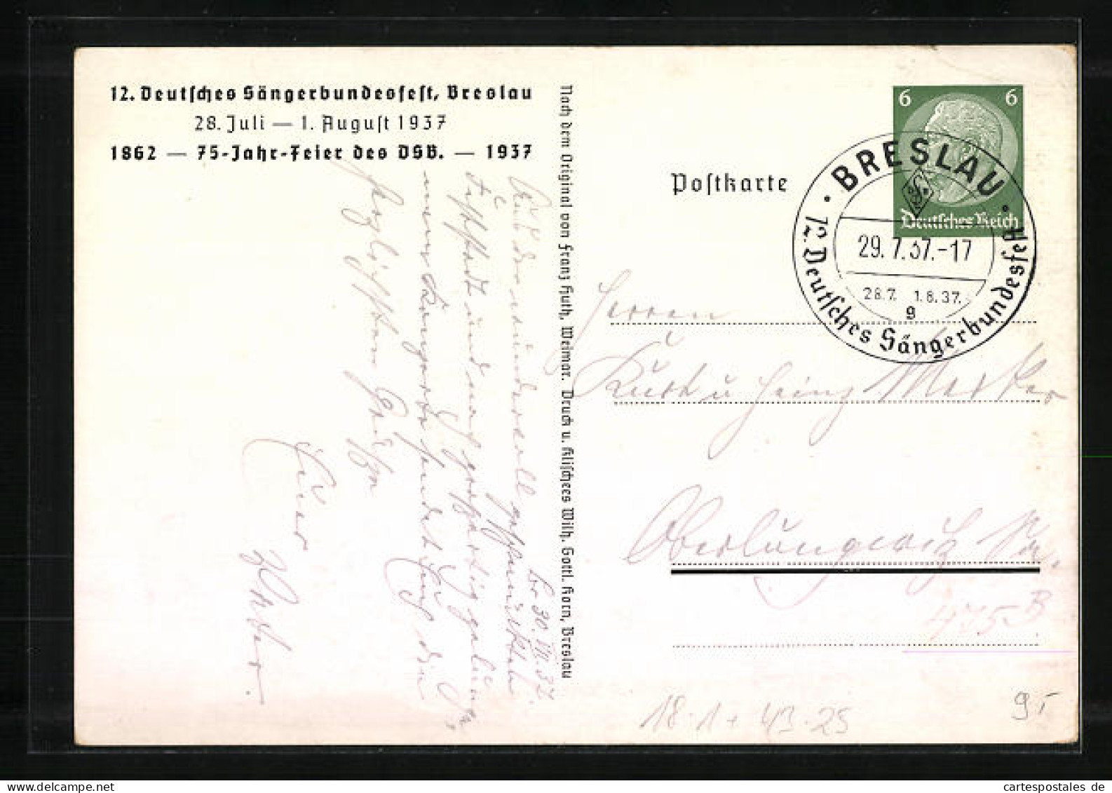 Künstler-AK Breslau, 12. Deutsches Sängerbundesfest 1937, Rathaus, Ganzsache  - Postkarten