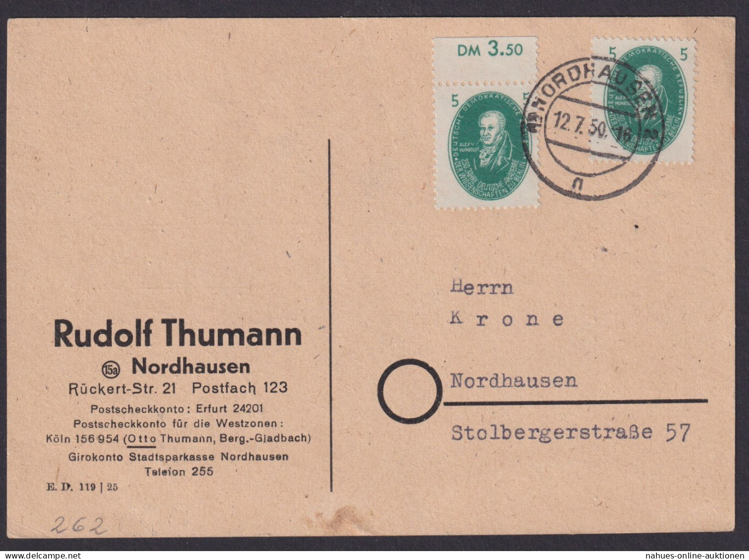 DDR MEF 262 Akademie Postkarte Reklame Rudolf Thumann Nordhausen Kat. 85,00 - Brieven En Documenten