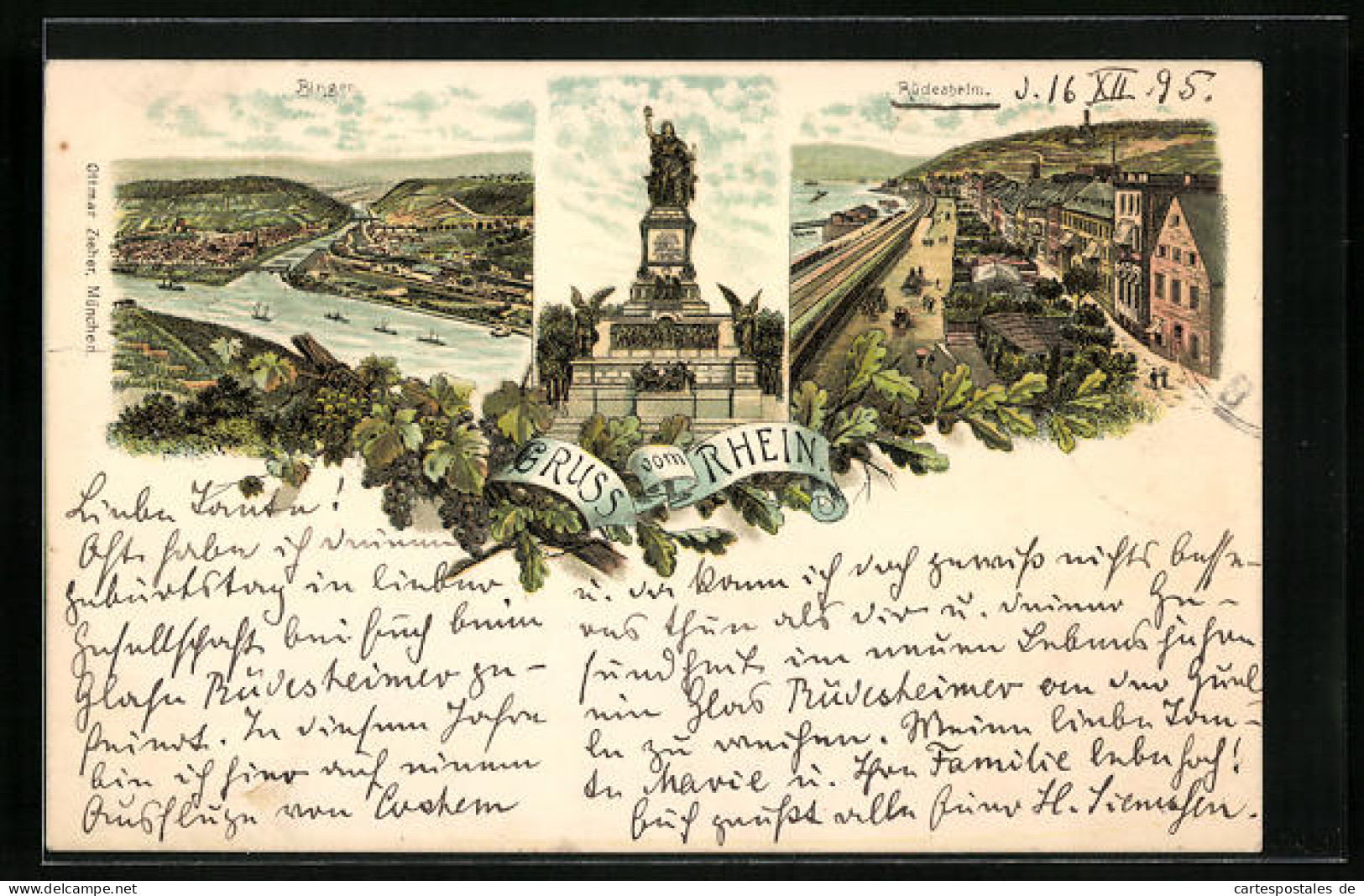 Vorläufer-Lithographie Rüdesheim, 1895, Ortsansicht Mit Niederwalddenkmal  - Ruedesheim A. Rh.