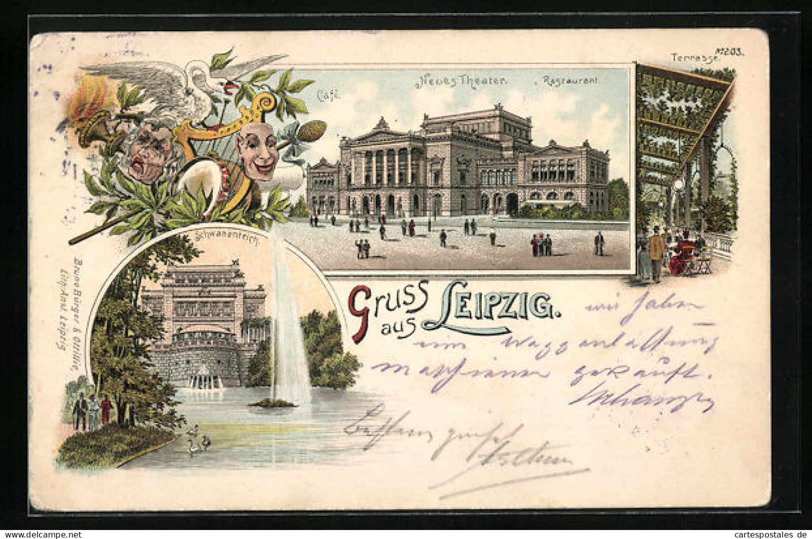 Lithographie Leipzig, Neues Theater Und Schwanenteich Mit Wasserfontäne  - Théâtre