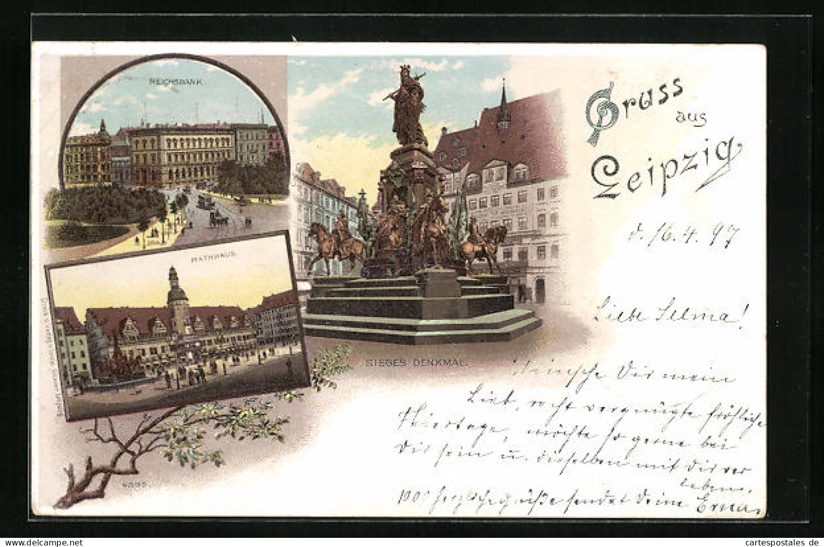 Lithographie Leipzig, Sieges-Denkmal, Reichsbank Und Rathaus  - Leipzig