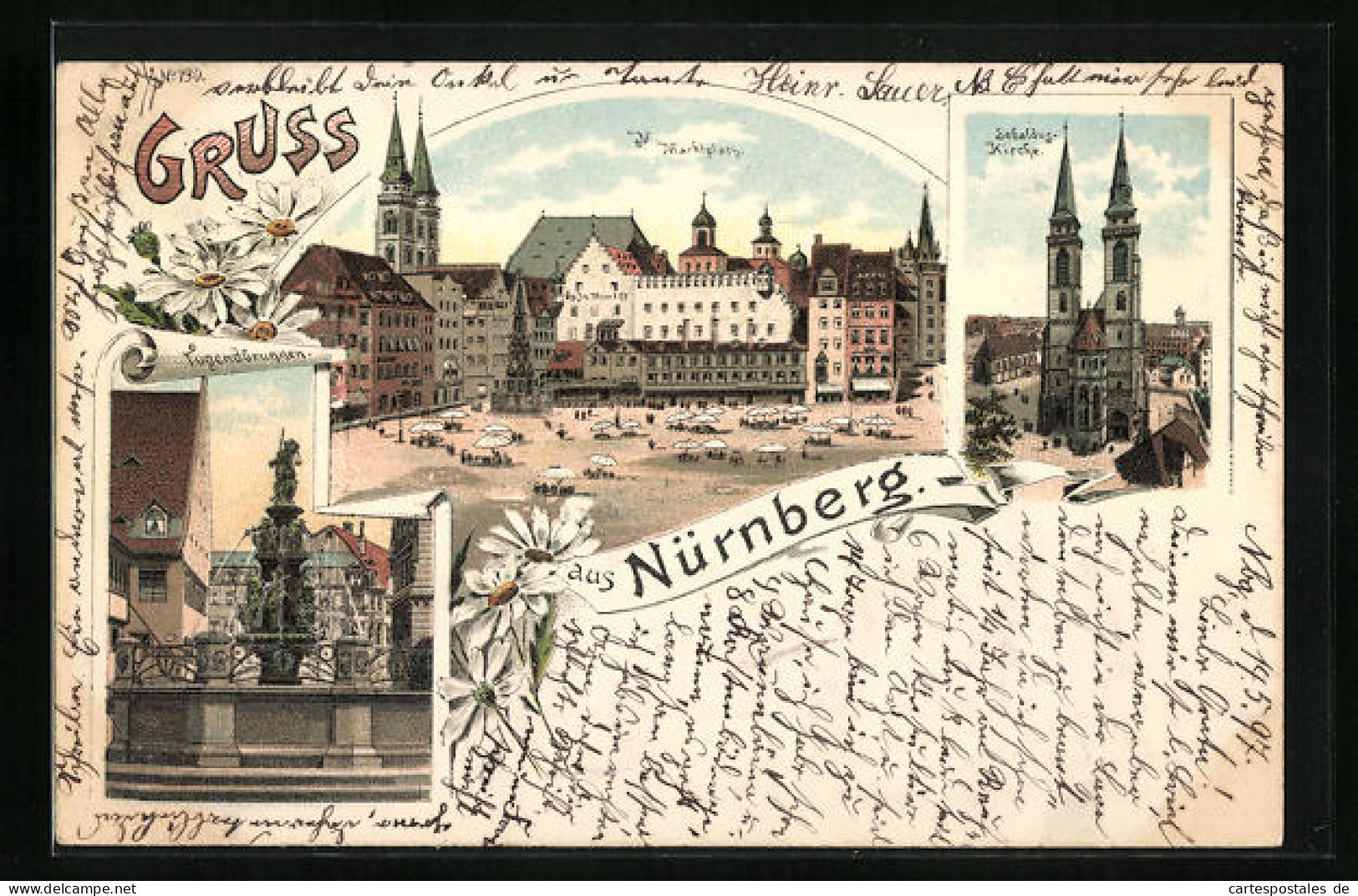 Lithographie Nürnberg, Marktplatz, Sebaldus-Kirche, Jugendbrunnen  - Nuernberg