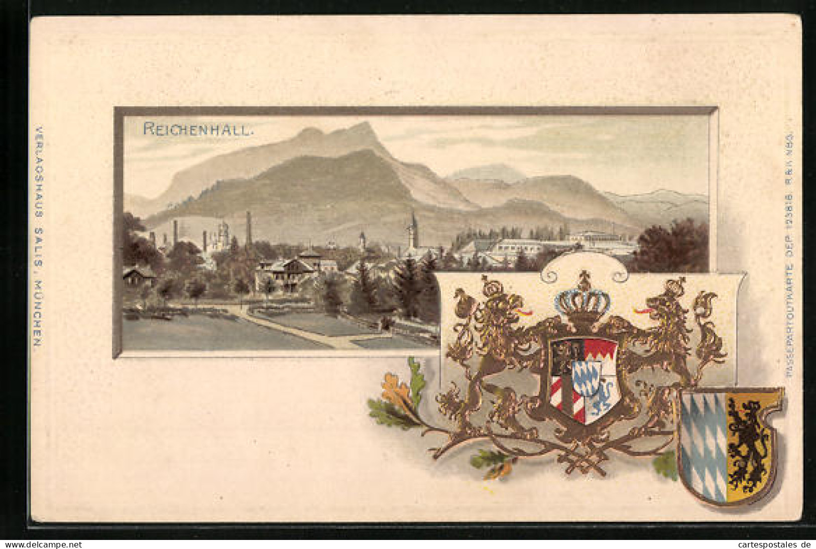 Passepartout-Lithographie Reichenhall, Ortspartie, Wappen  - Other & Unclassified