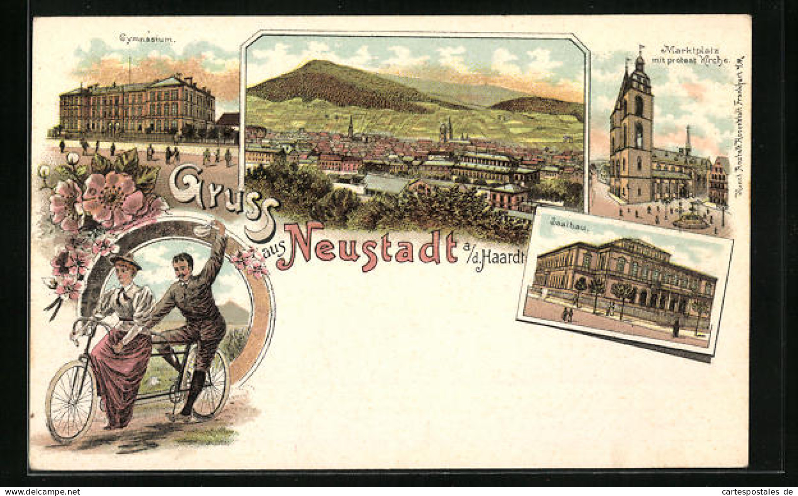 Lithographie Neustadt A. D. Haardt, Marktplatz Mit Protestantischer Kirche, Saalbau, Gymnasium, Paar Auf Tandem  - Neustadt (Weinstr.)
