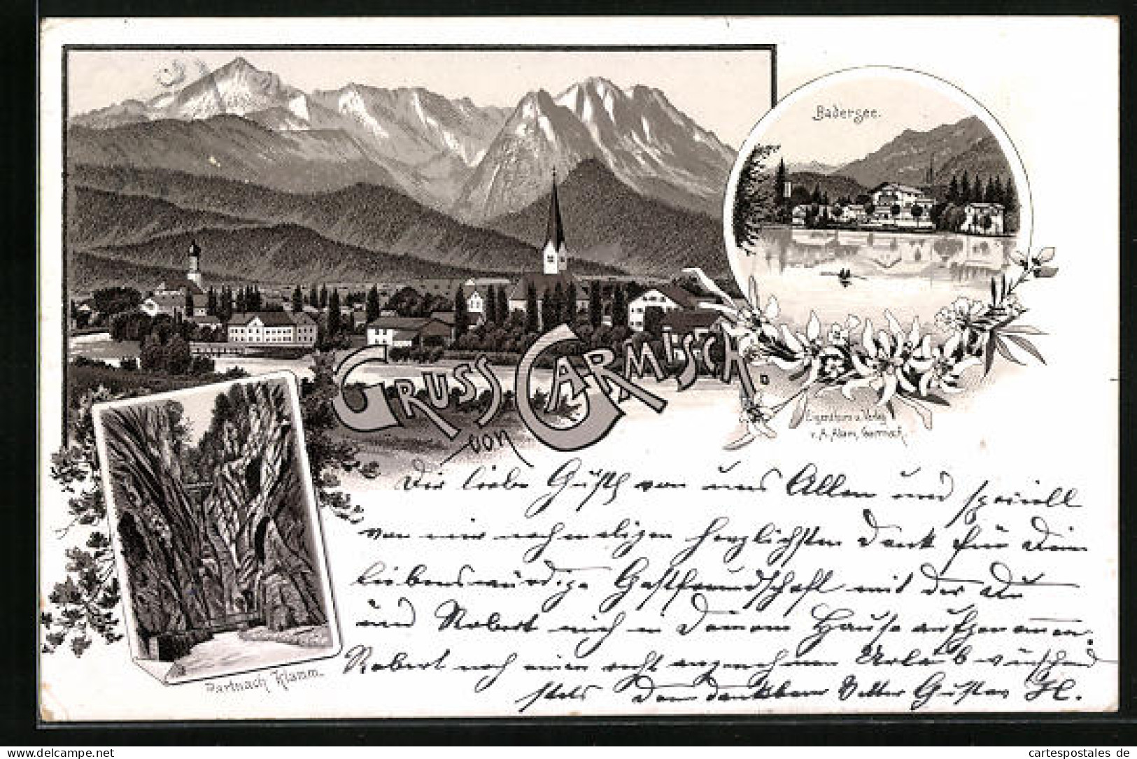 Vorläufer-Lithographie Garmisch, 1895, Teilansicht, Partnach Klamm, Badersee  - Autres & Non Classés