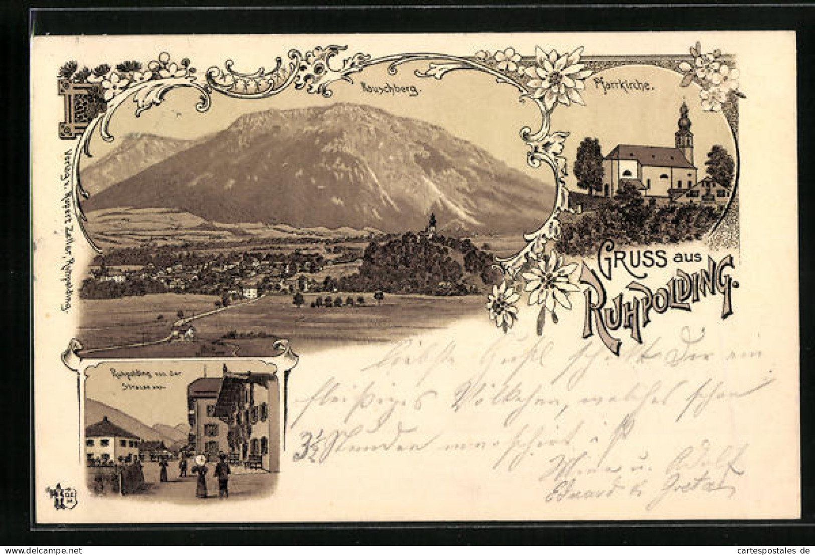 Lithographie Ruhpolding, Ortsansicht, Rauschberg, Pfarrkirche  - Ruhpolding