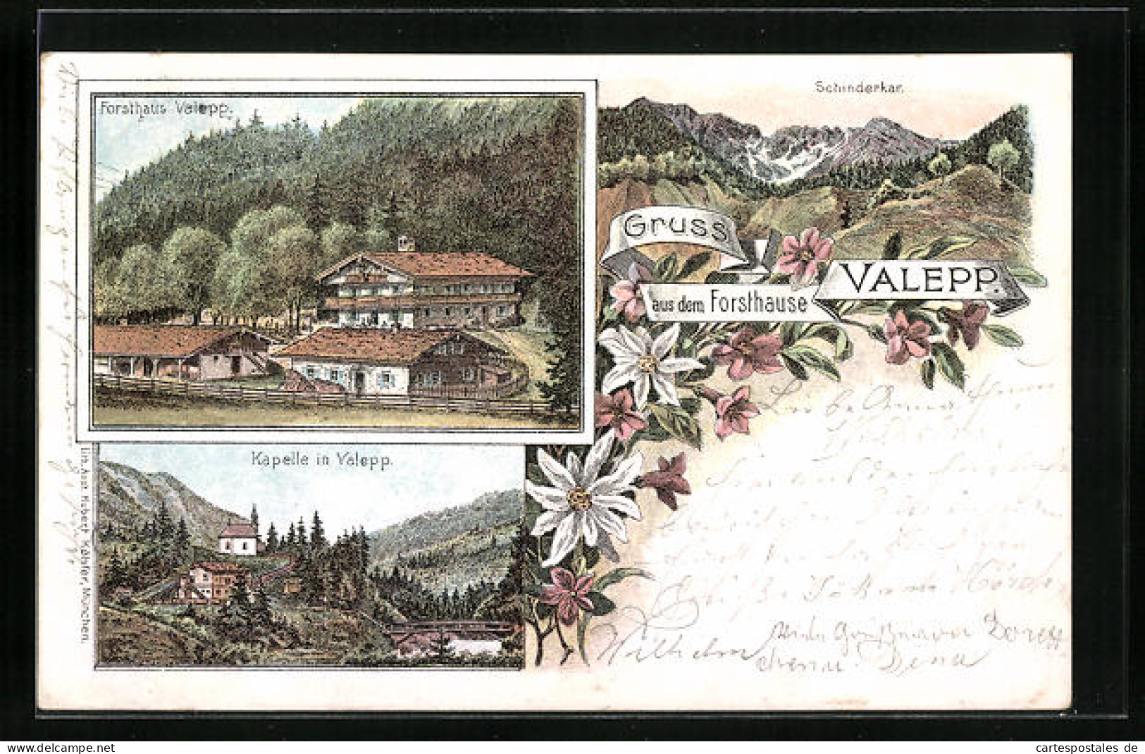Lithographie Valepp, Forsthaus, Kapelle, Schinderkar  - Chasse