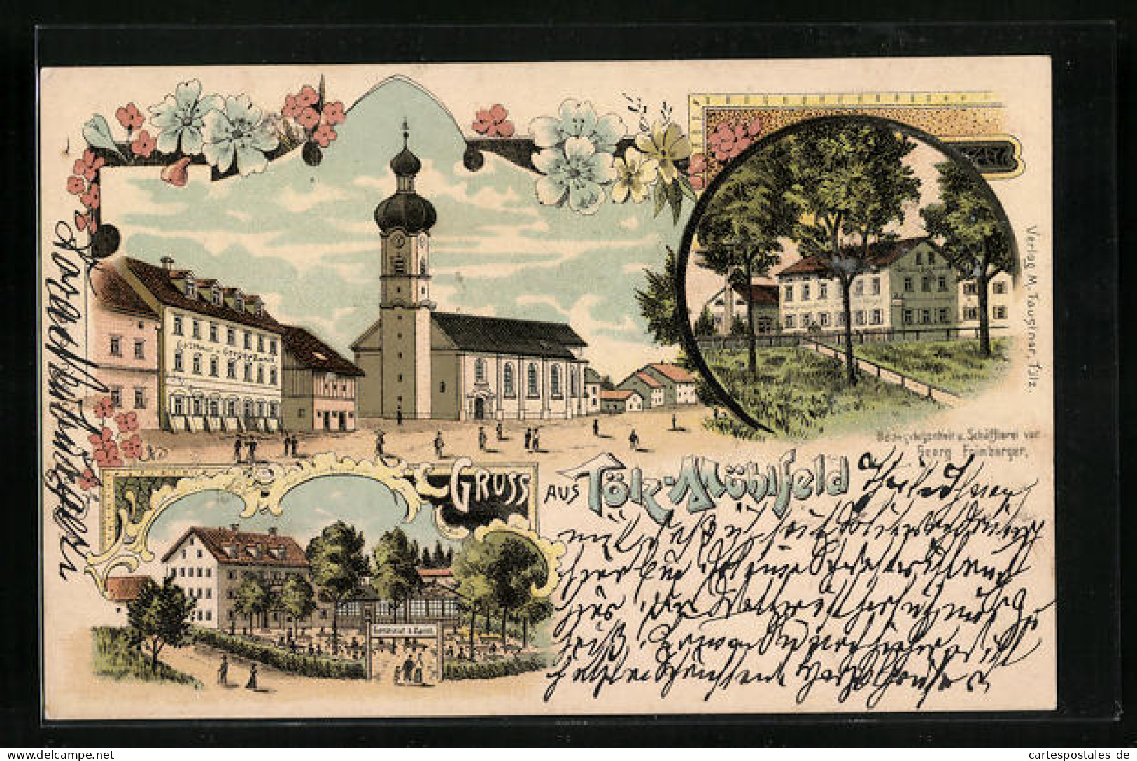 Lithographie Tölz-Mühlfeld, Gasthaus Von Gregor Zantl, Badegelegenheit Georg Frimberger  - Bad Toelz