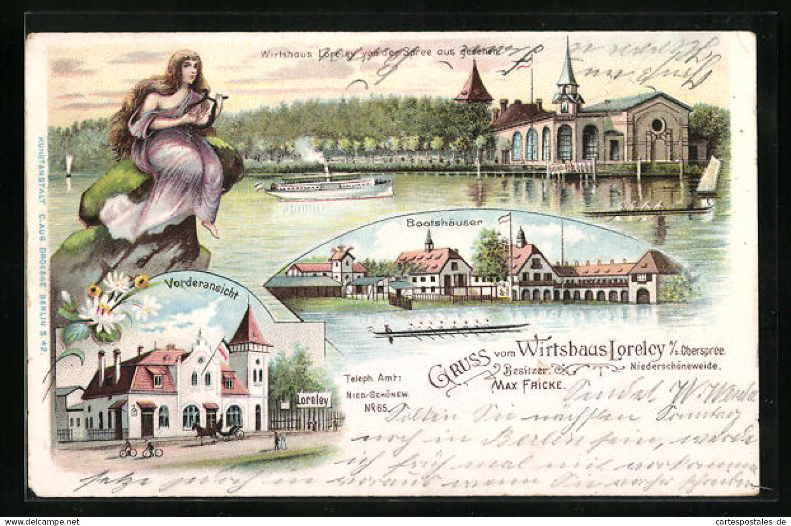 Lithographie Niederschöneweide, Gasthaus Loreley, Bootshäuser  - Köpenick