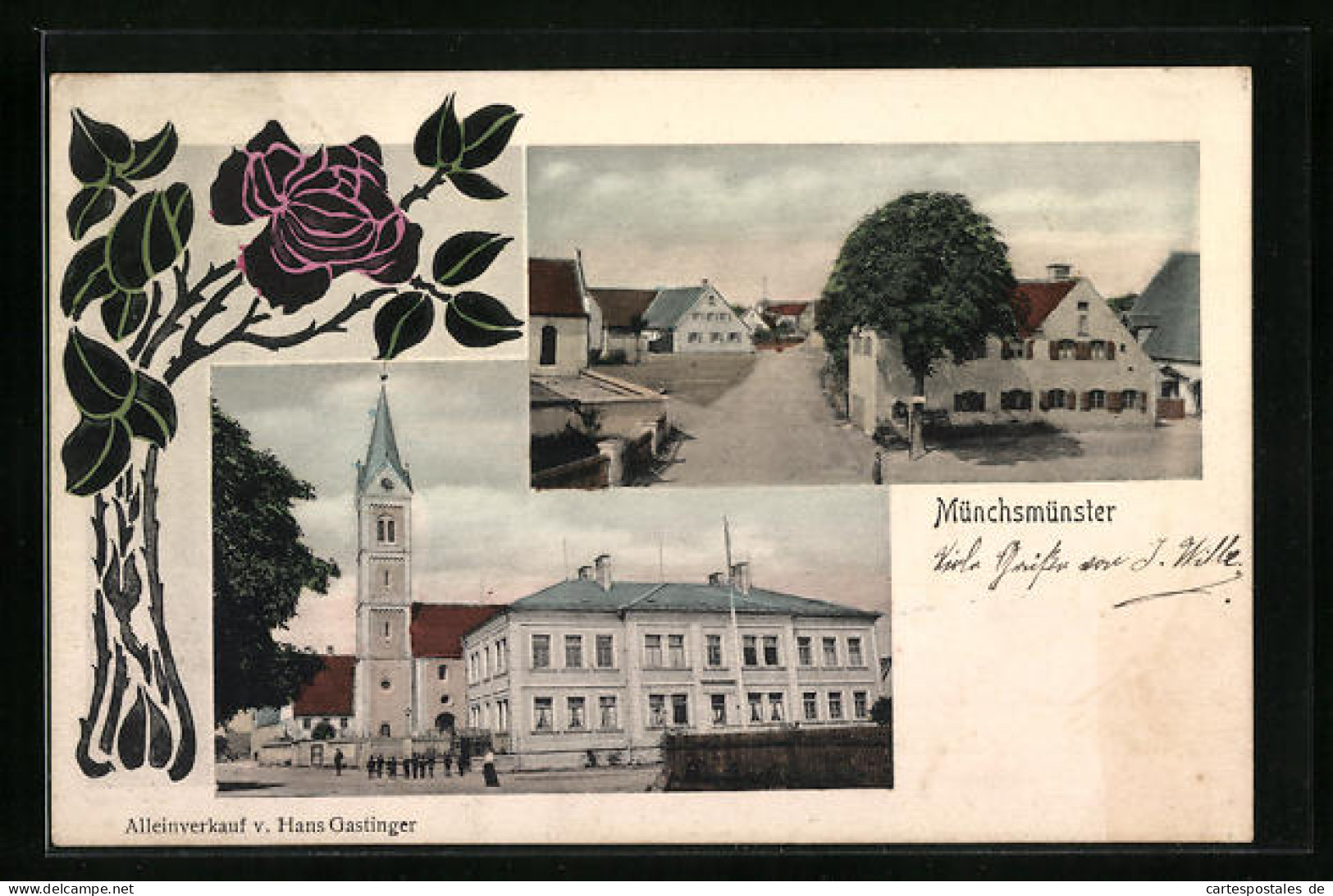 Künstler-AK Münchsmünster, Ortspartie, Kirche Hinter Grossem Haus, Rose  - Autres & Non Classés