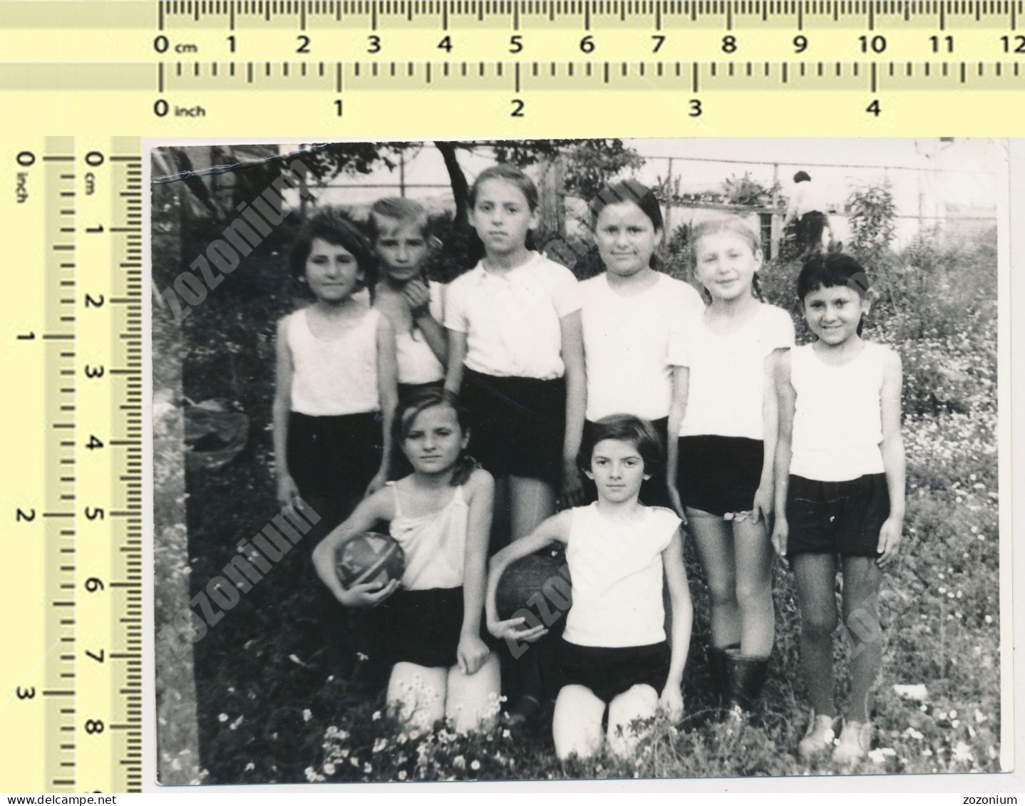 REAL PHOTO Kids Girls In Shorts With Ball School Sport Team, Fillettes   Vintage Snapshot - Anonymous Persons