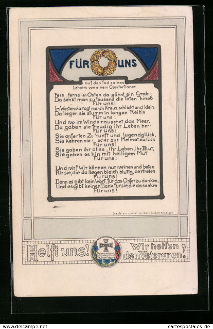AK Eisernes Kreuz, Gedicht Für Uns Auf Den Tod Seines Lehrers Von Einem Obertertianer  - Guerre 1914-18