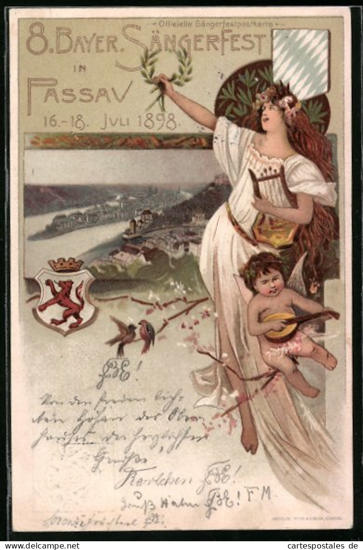 Lithographie Passau, 8. Bayer. Sängerfest 1898, Ortsansicht, Wappen Und Dame Mit Leier, Ganzsache Bayern  - Postcards