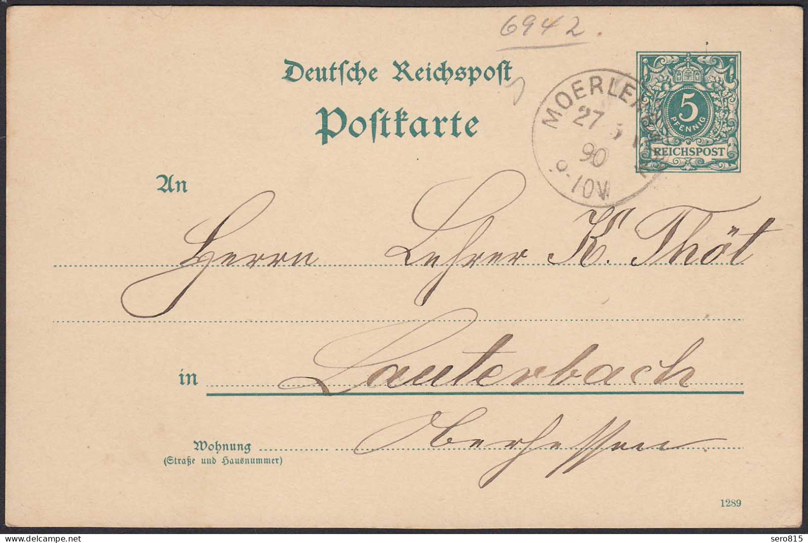 Moerlenbach Reichspost Ganzsache 1890 Nach Lauterbach   (20453 - Autres & Non Classés