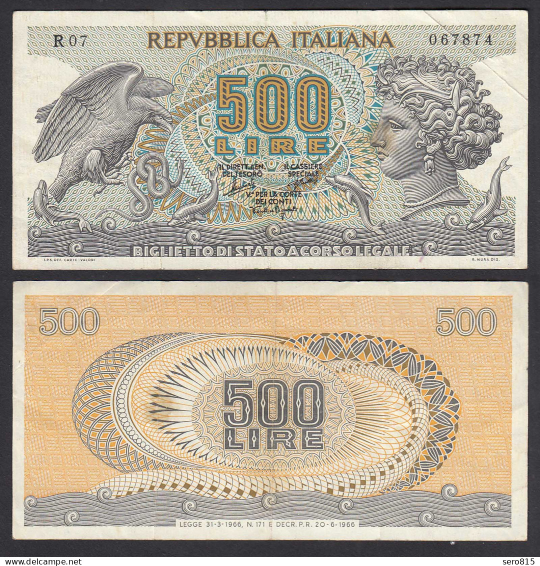 Italien - Italy 500 Lire Banknote 1966 Pick 93a AVF (3-)    (31087 - Sonstige & Ohne Zuordnung