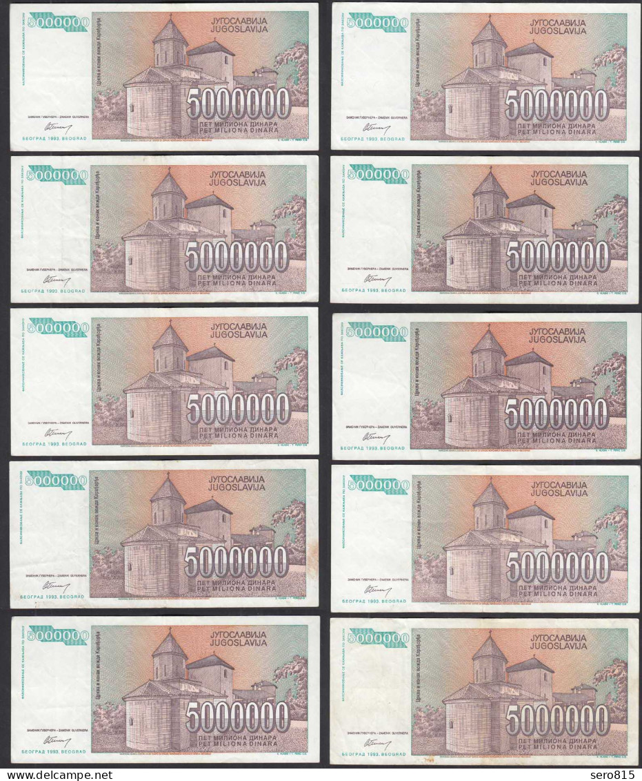Jugoslawien - Yugoslavia 10 Stück á 5-Millionen Dinara 1993 Pick 132 VF-VF+ (3) - Jugoslawien