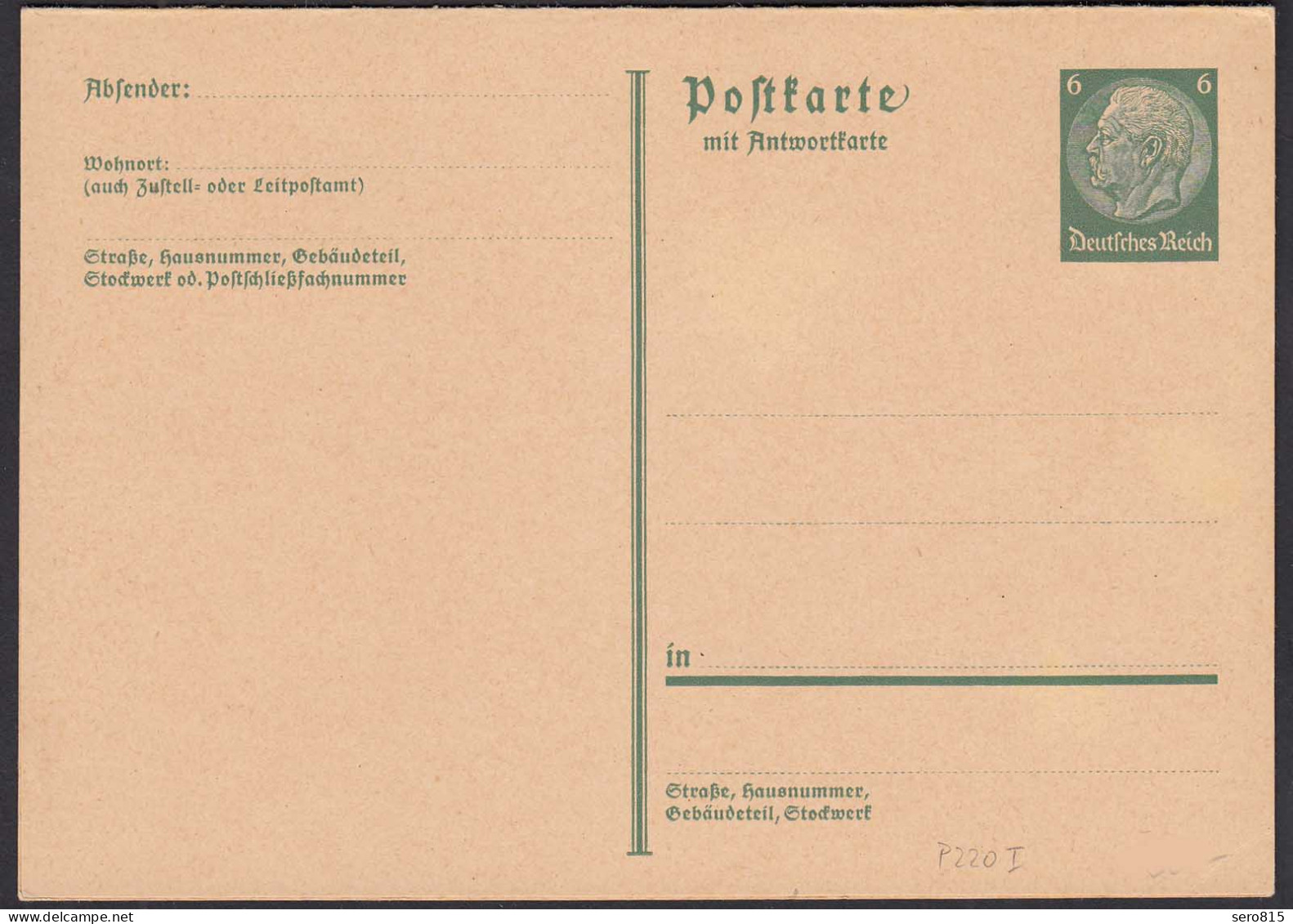 Deutsches Reich 1933 Ganzsache P220I Mit Antwortkarte Ungebraucht   (32154 - Otros & Sin Clasificación
