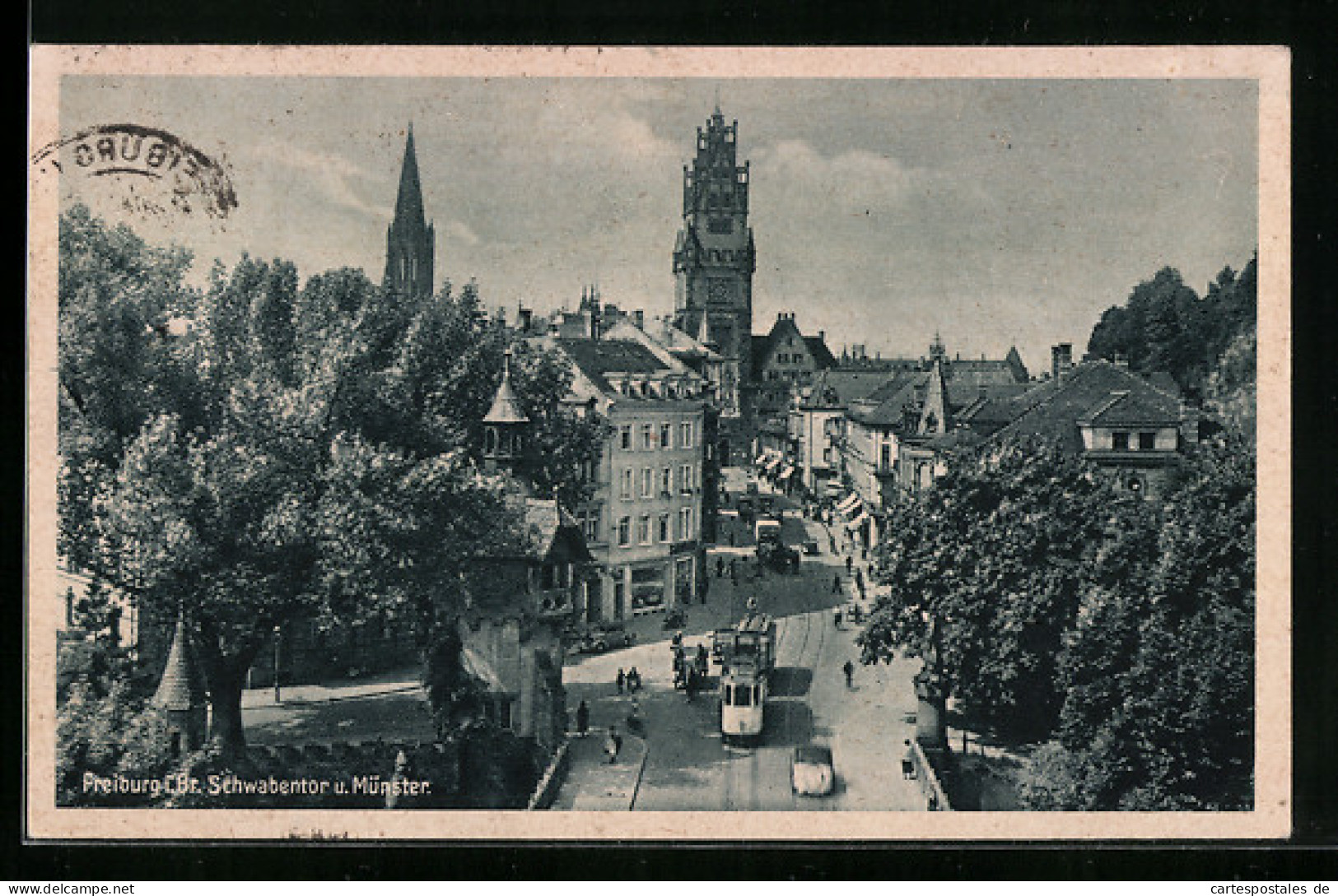 AK Freiburg I. Br., Schwabentor U. Münster Mit Strassenbahn  - Strassenbahnen