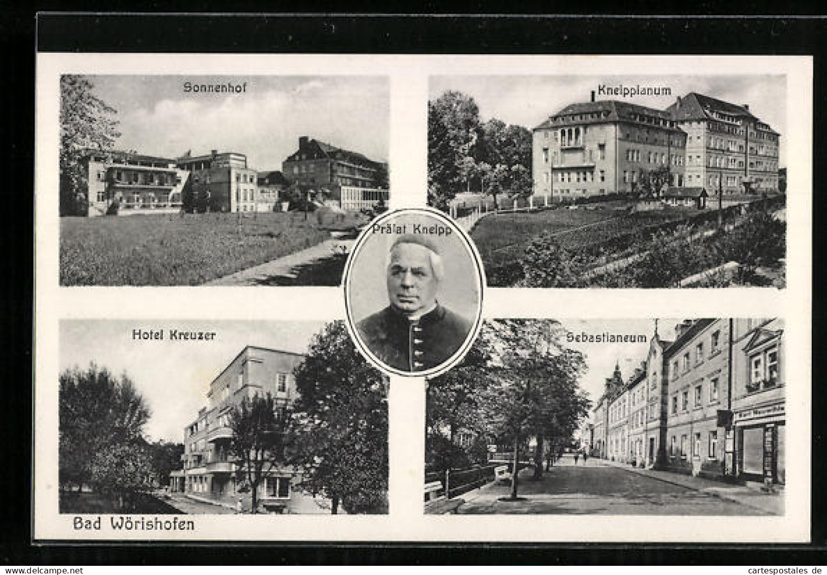 AK Bad Wörishofen, Hotel Kreuzer, Kreippianum, Sonnenhof, Portrait Prälat Kneipp  - Bad Woerishofen