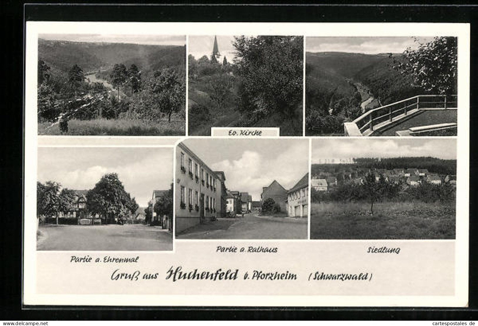 AK Huchenfeld B. Pforzheim, Siedlung, Am Rathaus, Ev. Kirche  - Pforzheim