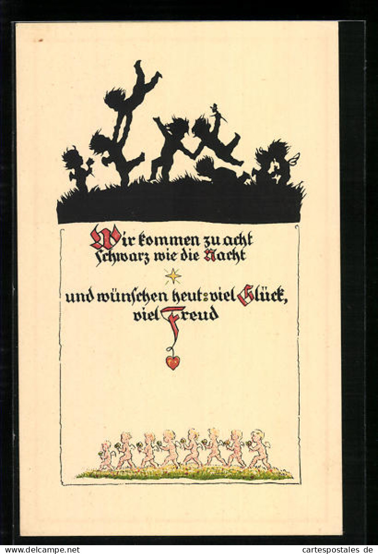 Künstler-AK Georg Plischke: Wir Kommen Zu Acht, Schwarz Wie Die Nacht Und Wünschen Heut Viel Glück, Viel Freud, Eng  - Other & Unclassified