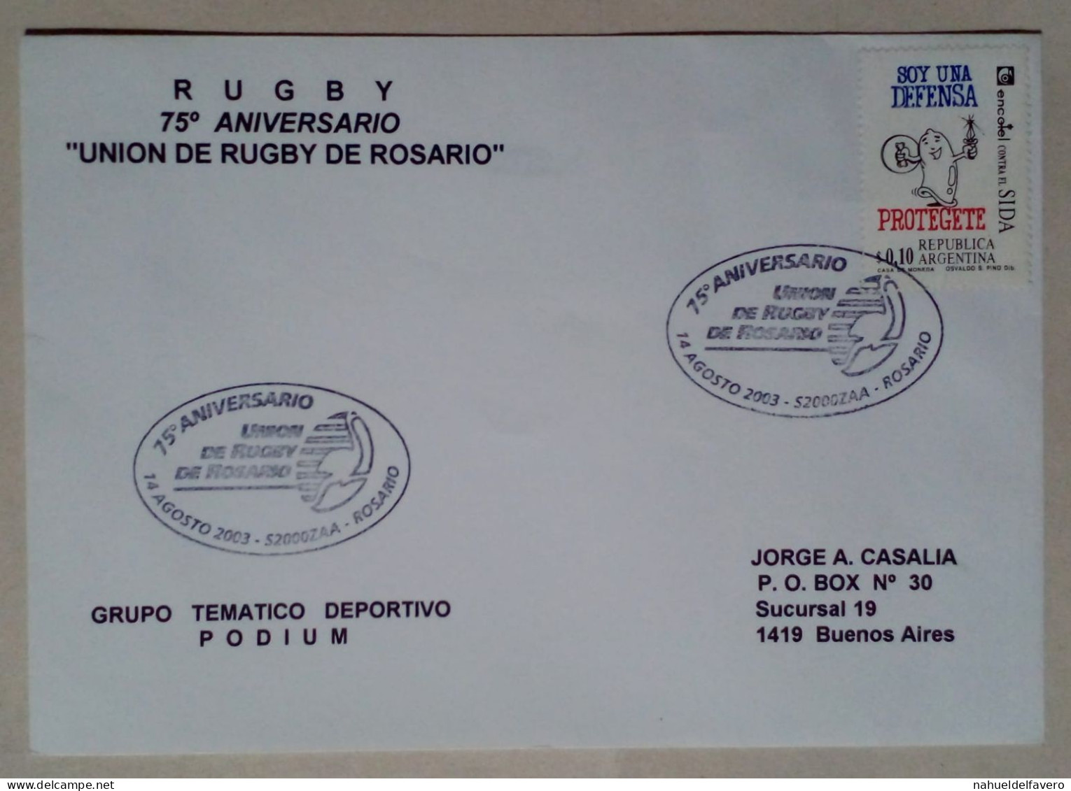 Argentine - Thème Enveloppe Rugby Circulée Avec Sceau Prévention Du SIDA (2003) - Oblitérés