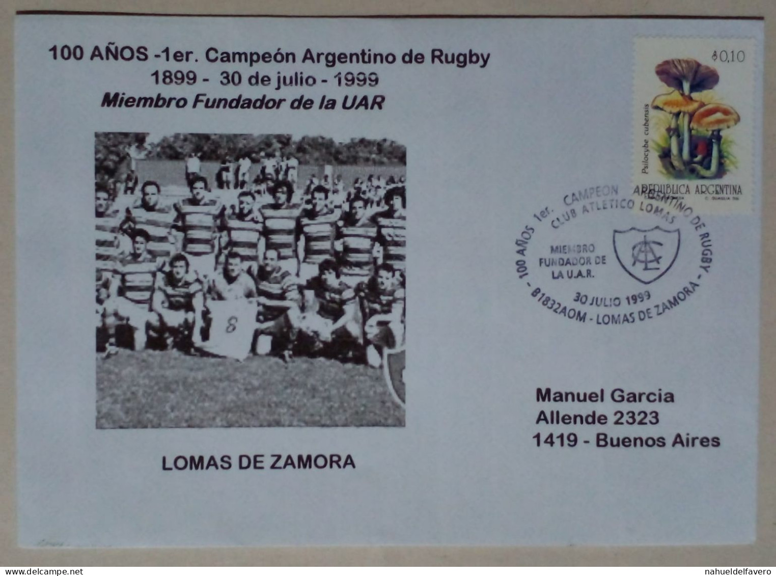 Argentine - Enveloppe Circulée Sur Le Thème Du Rugby Avec Timbre Thème Champignons (1999) - Mushrooms