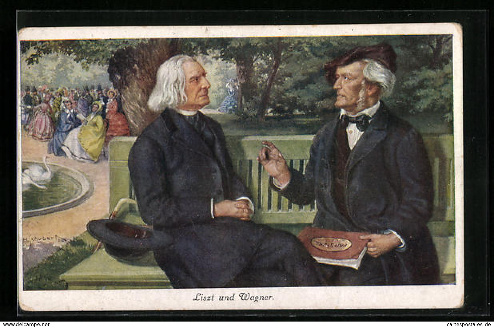 Künstler-AK Liszt Und Wagner Sitzen Auf Einer Parkbank  - Artistes