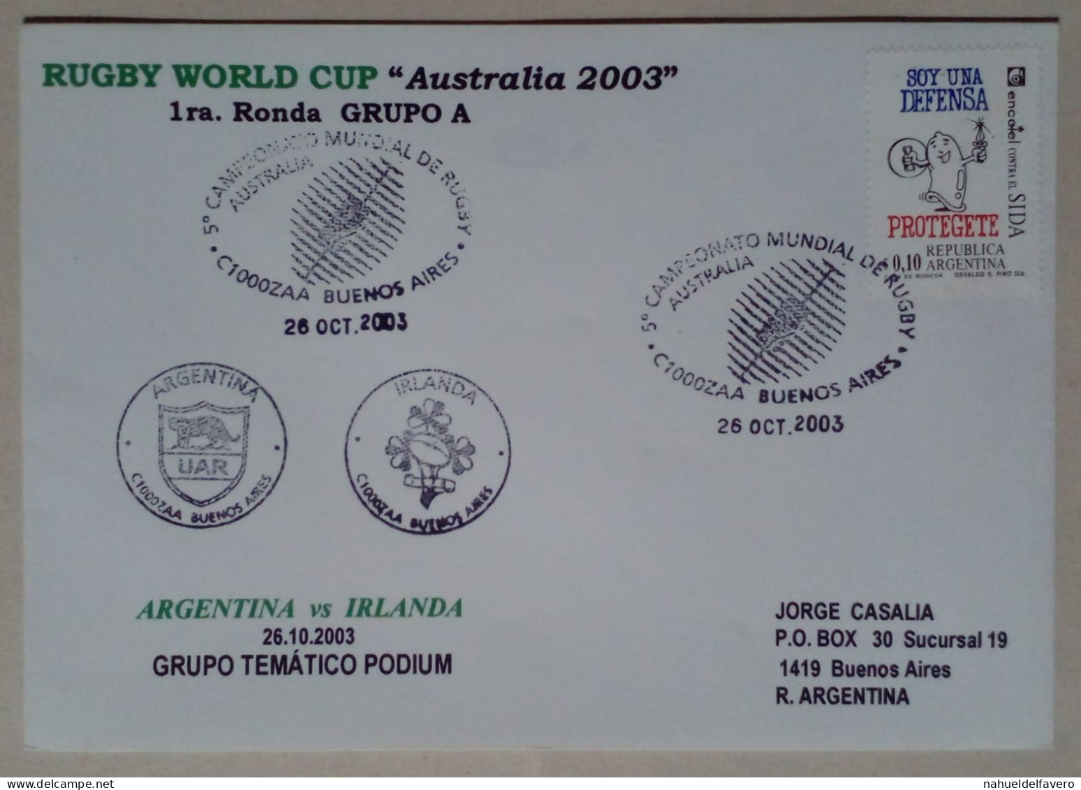Argentine - Enveloppe Circulée Sur Le Thème Du Rugby Avec Timbre Thème Phares (2003) - Rugby