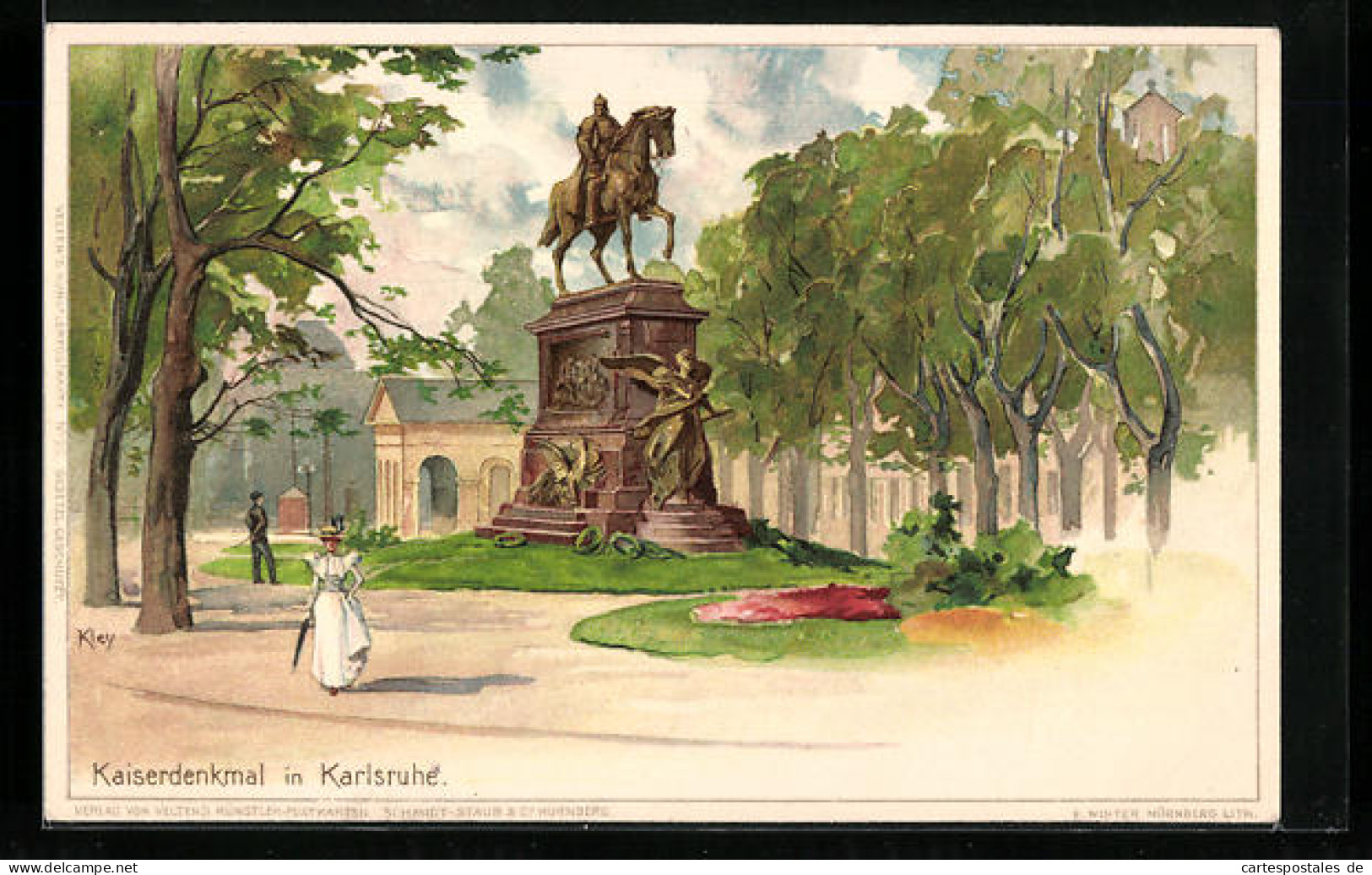 Künstler-AK Heinrich Kley: Karlsruhe, Kaiserdenkmal Im Grünen  - Kley