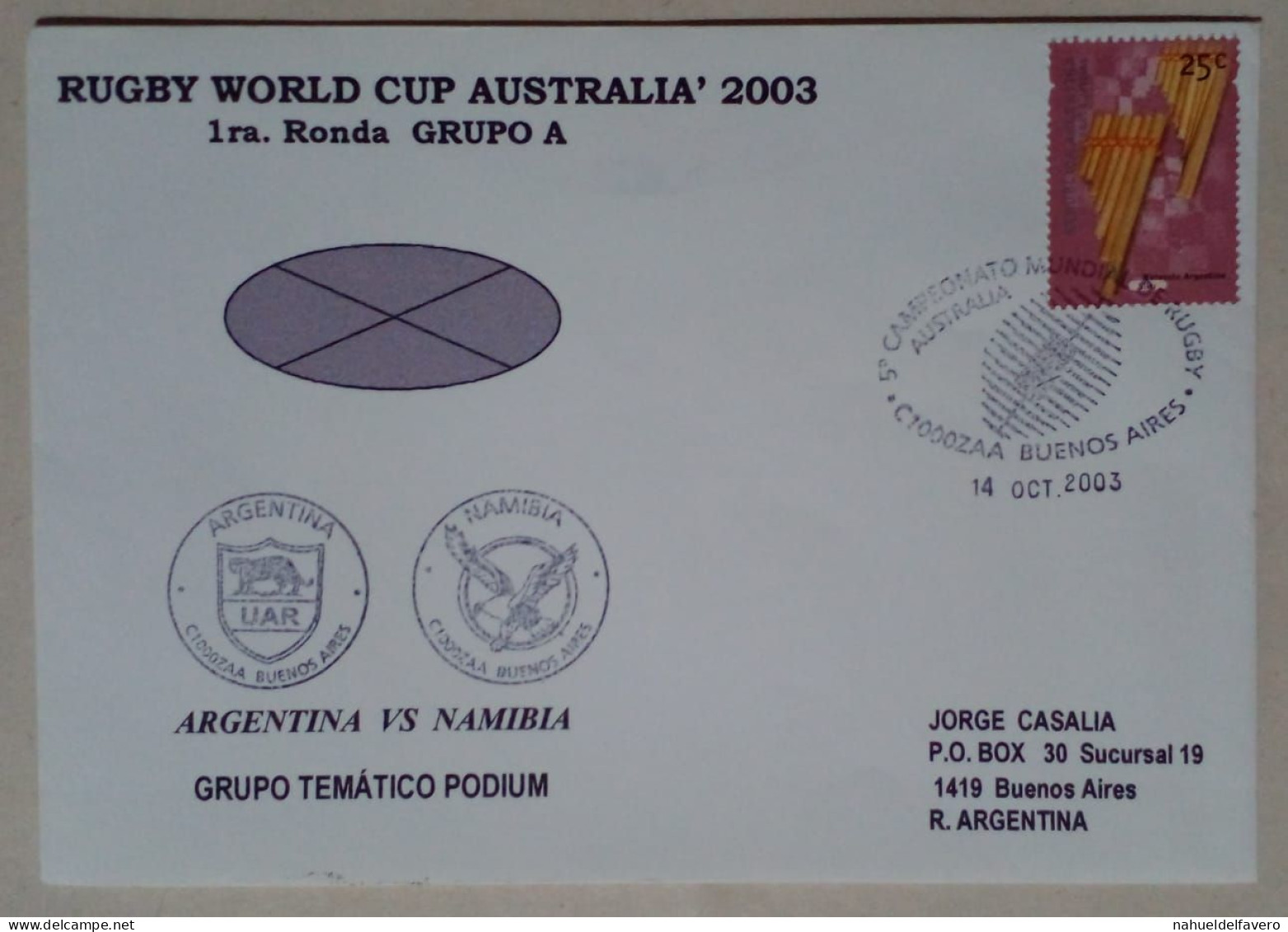 Argentine - Enveloppe Circulée Sur Le Thème Du Rugby Avec Timbre Thème Siku (2003) - Rugby