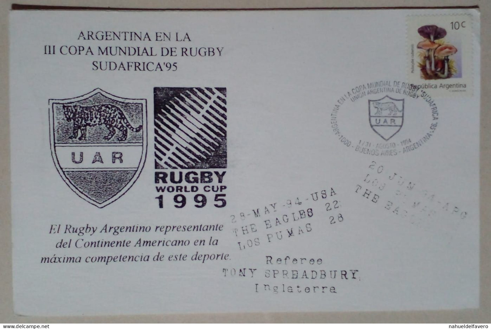 Argentine - Carte Sur Le Thème De La Coupe Du Monde De Rugby 1995 Avec Timbre Sur Le Thème Des Champignons (1995) - Rugby