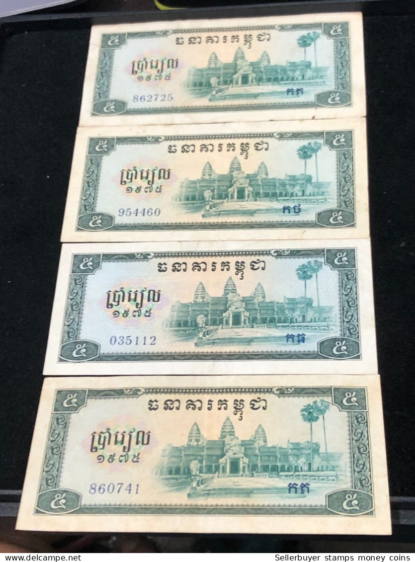 Cambodia Democratic Kampuchea Banknotes #27-/5 Riels 1975- Khome 4 Pcs Xf Very Rare - Cambodge