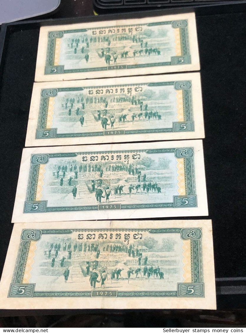 Cambodia Democratic Kampuchea Banknotes #27-/5 Riels 1975- Khome 4 Pcs Xf Very Rare - Cambodge