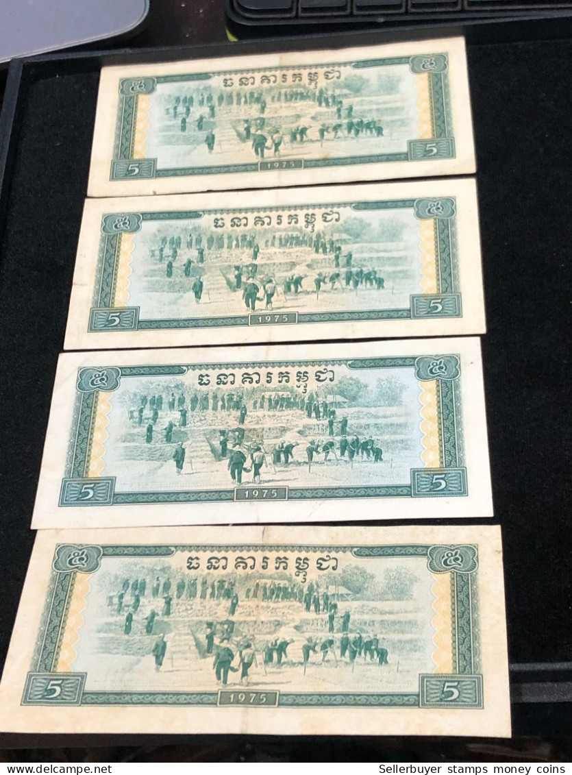 Cambodia Democratic Kampuchea Banknotes #27-/5 Riels 1975- Khome 4 Pcs Xf Very Rare - Cambodge