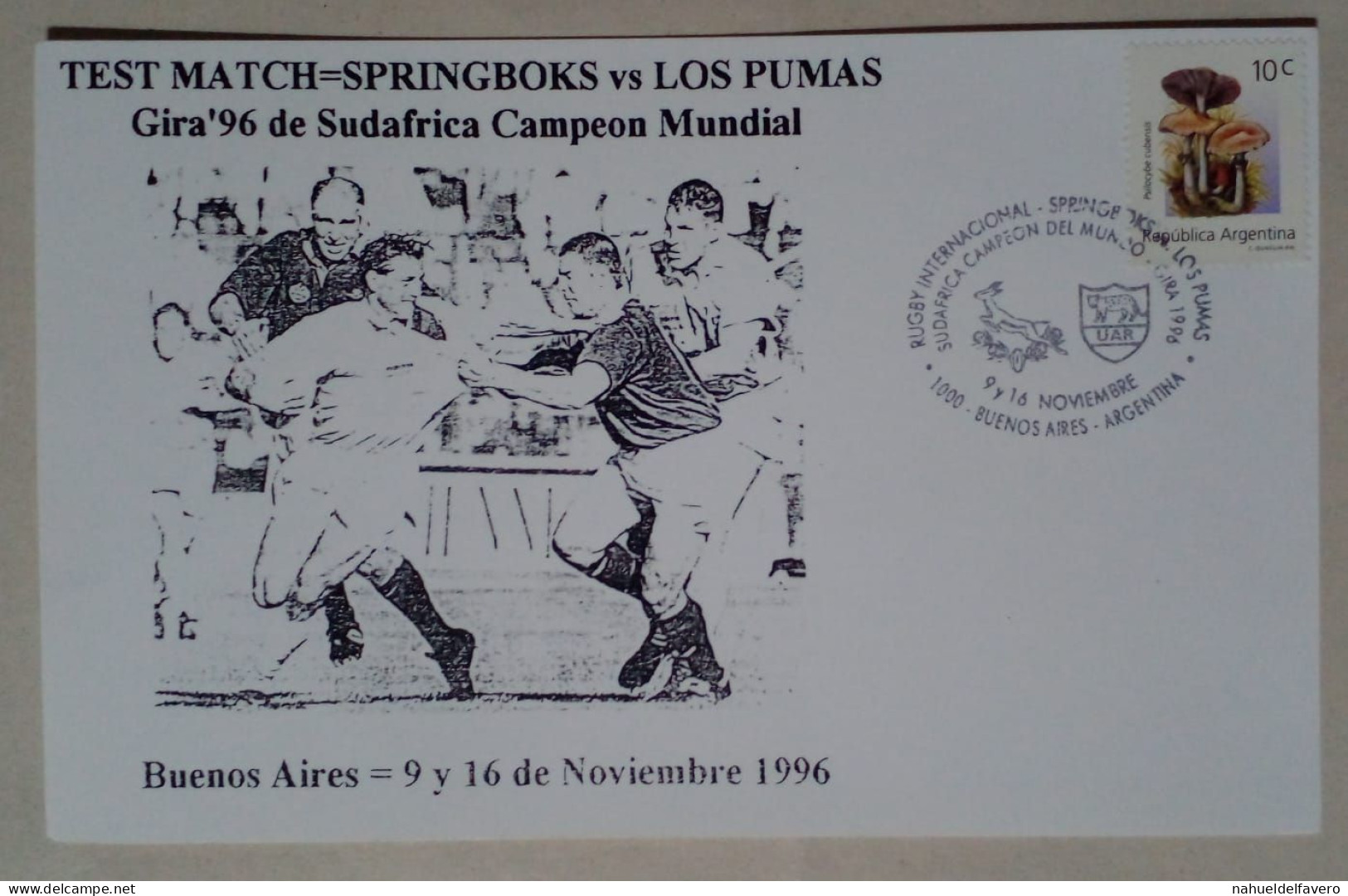 Argentine - Carte Thème Rugby Avec Timbre Thème Champignons (1996) - Rugby