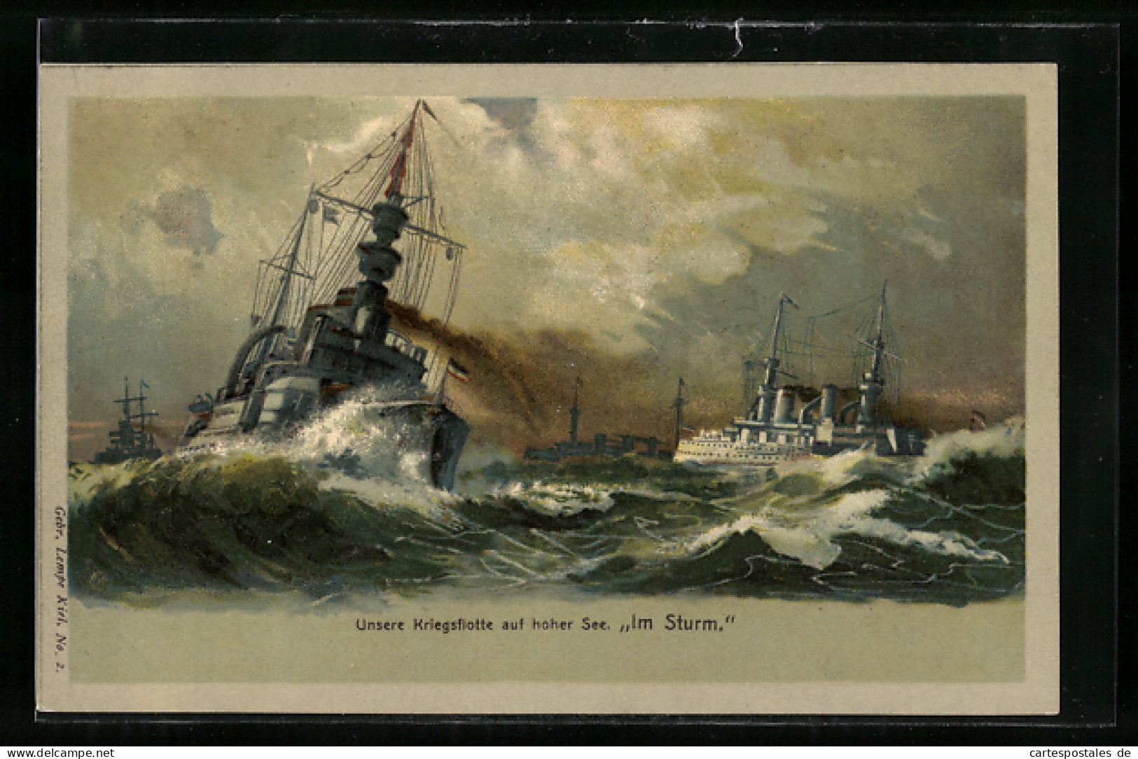 Lithographie Unsere Kriegsflotte Auf Hoher See, Kriegsschiffe Im Sturm  - Krieg